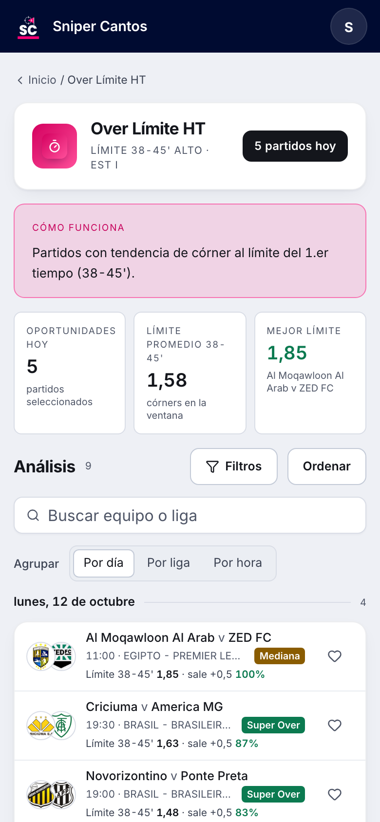 Estrategia Over Límite HT en Sniper Cantos